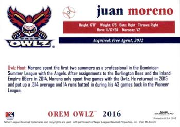 2016 Grandstand Orem Owlz #NNO Juan Moreno Back