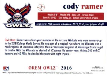 2016 Grandstand Orem Owlz #NNO Cody Ramer Back