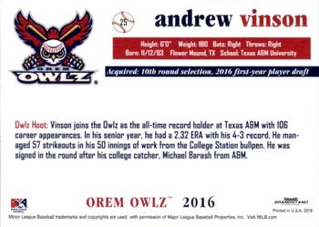 2016 Grandstand Orem Owlz #NNO Andrew Vinson Back