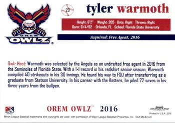 2016 Grandstand Orem Owlz #NNO Tyler Warmoth Back
