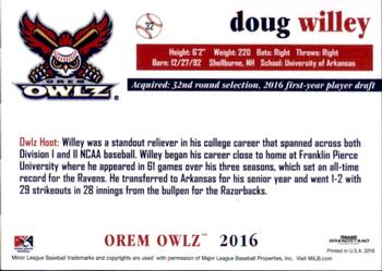 2016 Grandstand Orem Owlz #NNO Doug Willey Back