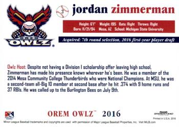 2016 Grandstand Orem Owlz #NNO Jordan Zimmerman Back