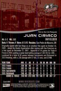 2016 Choice Sacramento River Cats #04 Juan Ciriaco Back