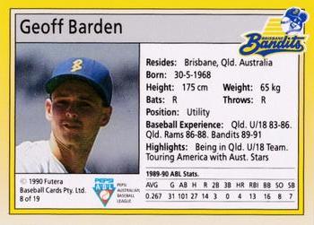 1992 Futera Pepsi ABL Brisbane Bandits #8 Geoff Barden Back
