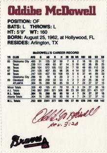 1990 Dubuque Atlanta Braves 25th Anniversary Perforated #1 Oddibe McDowell Back
