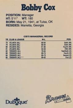 1990 Dubuque Atlanta Braves #NNO Bobby Cox Back