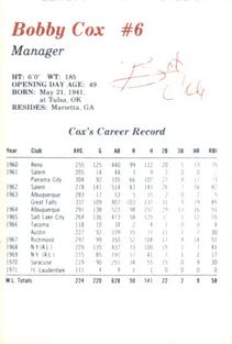 1991 Dubuque Atlanta Braves Perforated #NNO Bobby Cox Back