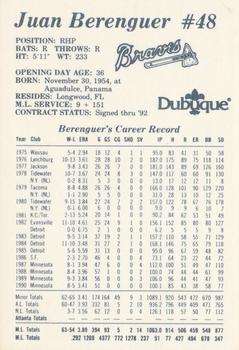 1991 Dubuque Atlanta Braves #NNO Juan Berenguer Back