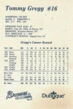 1991 Dubuque Atlanta Braves #NNO Tommy Gregg Back