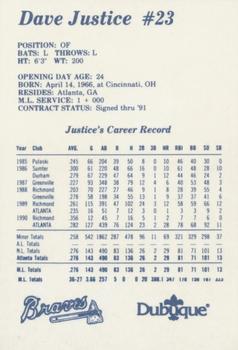 1991 Dubuque Atlanta Braves #NNO Dave Justice Back