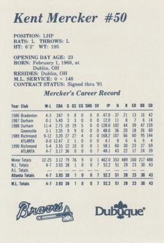1991 Dubuque Atlanta Braves #NNO Kent Mercker Back