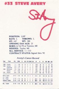 1992 Lykes Atlanta Braves Perforated #NNO Steve Avery Back