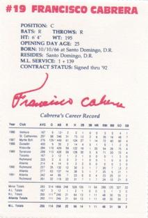 1992 Lykes Atlanta Braves Perforated #NNO Francisco Cabrera Back