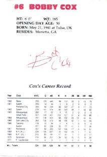 1992 Lykes Atlanta Braves Perforated #NNO Bobby Cox Back
