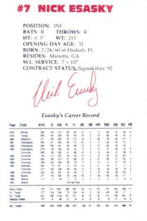 1992 Lykes Atlanta Braves Perforated #NNO Nick Esasky Back