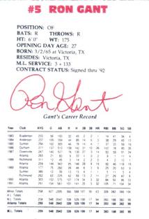 1992 Lykes Atlanta Braves Perforated #NNO Ron Gant Back