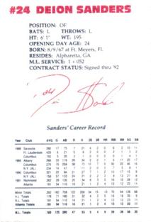 1992 Lykes Atlanta Braves Perforated #NNO Deion Sanders Back