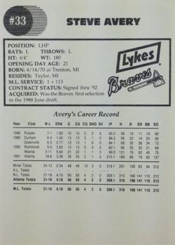 1992 Lykes Atlanta Braves #NNO Steve Avery Back