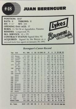 1992 Lykes Atlanta Braves #NNO Juan Berenguer Back