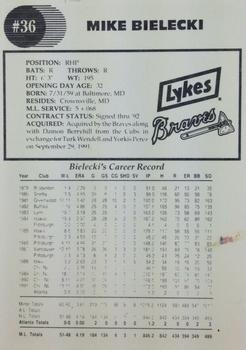 1992 Lykes Atlanta Braves #NNO Mike Bielecki Back