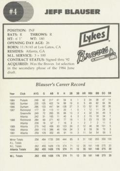 1992 Lykes Atlanta Braves #NNO Jeff Blauser Back