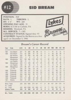 1992 Lykes Atlanta Braves #NNO Sid Bream Back