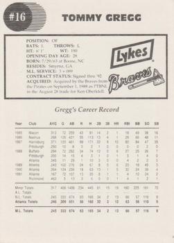 1992 Lykes Atlanta Braves #NNO Tommy Gregg Back
