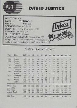 1992 Lykes Atlanta Braves #NNO David Justice Back