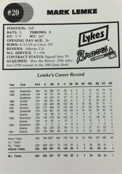 1992 Lykes Atlanta Braves #NNO Mark Lemke Back