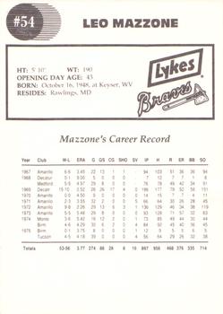 1992 Lykes Atlanta Braves #NNO Leo Mazzone Back