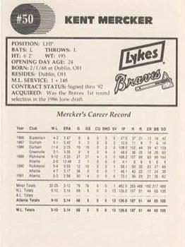 1992 Lykes Atlanta Braves #NNO Kent Mercker Back