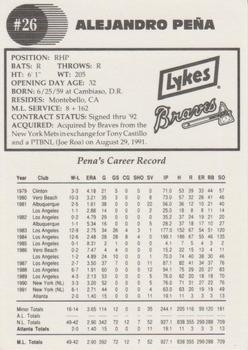 1992 Lykes Atlanta Braves #NNO Alejandro Pena Back