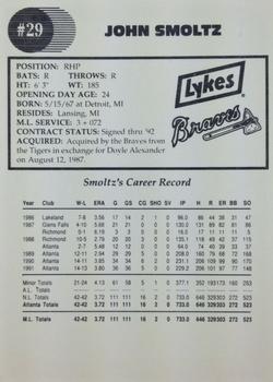 1992 Lykes Atlanta Braves #NNO John Smoltz Back