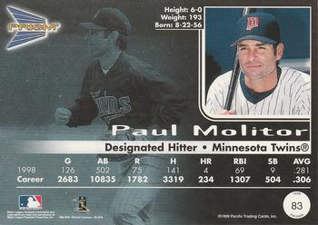 1999 Pacific Prism #83 Paul Molitor Back