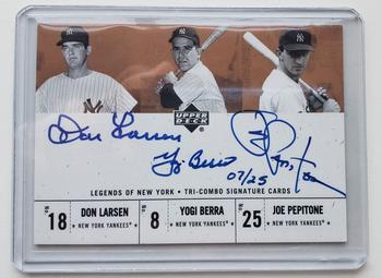 2001 Upper Deck Legends of New York - Tri-Combo Signatures #LBP Don Larsen / Yogi Berra / Joe Pepitone  Front