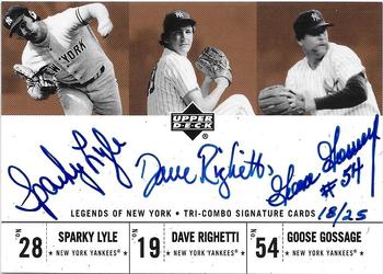 2001 Upper Deck Legends of New York - Tri-Combo Signatures #LRG Sparky Lyle / Dave Righetti / Goose Gossage  Front