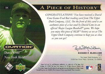 2001 Upper Deck Ovation - A Piece of History #DC David Cone  Back