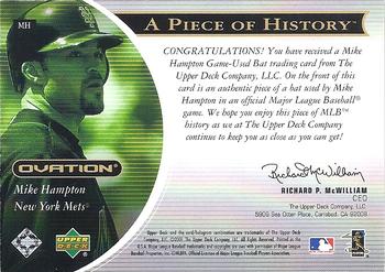 2001 Upper Deck Ovation - A Piece of History #MH Mike Hampton  Back
