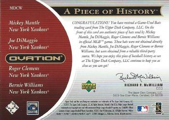 2001 Upper Deck Ovation - A Piece of History Bat Combos #MDCW Mickey Mantle / Joe DiMaggio / Roger Clemens / Bernie Williams Back