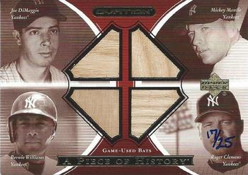 2001 Upper Deck Ovation - A Piece of History Bat Combos #MDCW Mickey Mantle / Joe DiMaggio / Roger Clemens / Bernie Williams Front