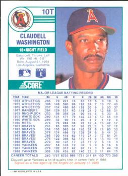 1989 Score Rookie & Traded #10T Claudell Washington Back