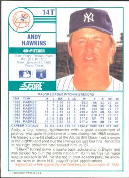 1989 Score Rookie & Traded #14T Andy Hawkins Back