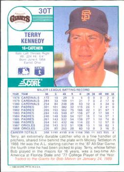 1989 Score Rookie & Traded #30T Terry Kennedy Back