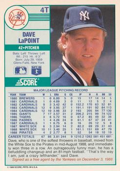 1989 Score Rookie & Traded #4T Dave LaPoint Back