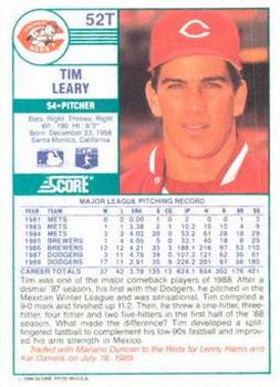 1989 Score Rookie & Traded #52T Tim Leary Back