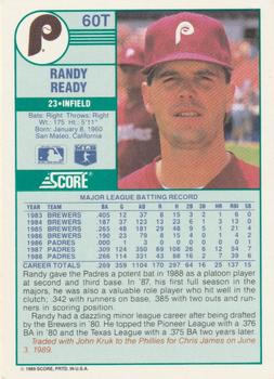 1989 Score Rookie & Traded #60T Randy Ready Back