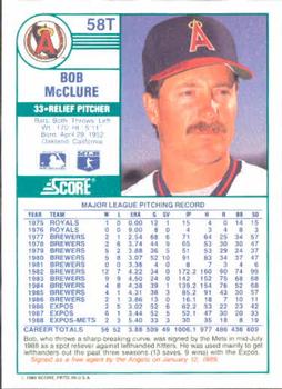 1989 Score Rookie & Traded #58T Bob McClure Back