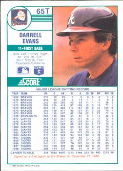 1989 Score Rookie & Traded #65T Darrell Evans Back