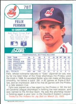 1989 Score Rookie & Traded #78T Felix Fermin Back