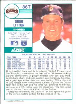 1989 Score Rookie & Traded #86T Greg Litton Back